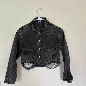Zara 11/12 Girls Distressed Black Denim Jacket Embellished Studded Detail